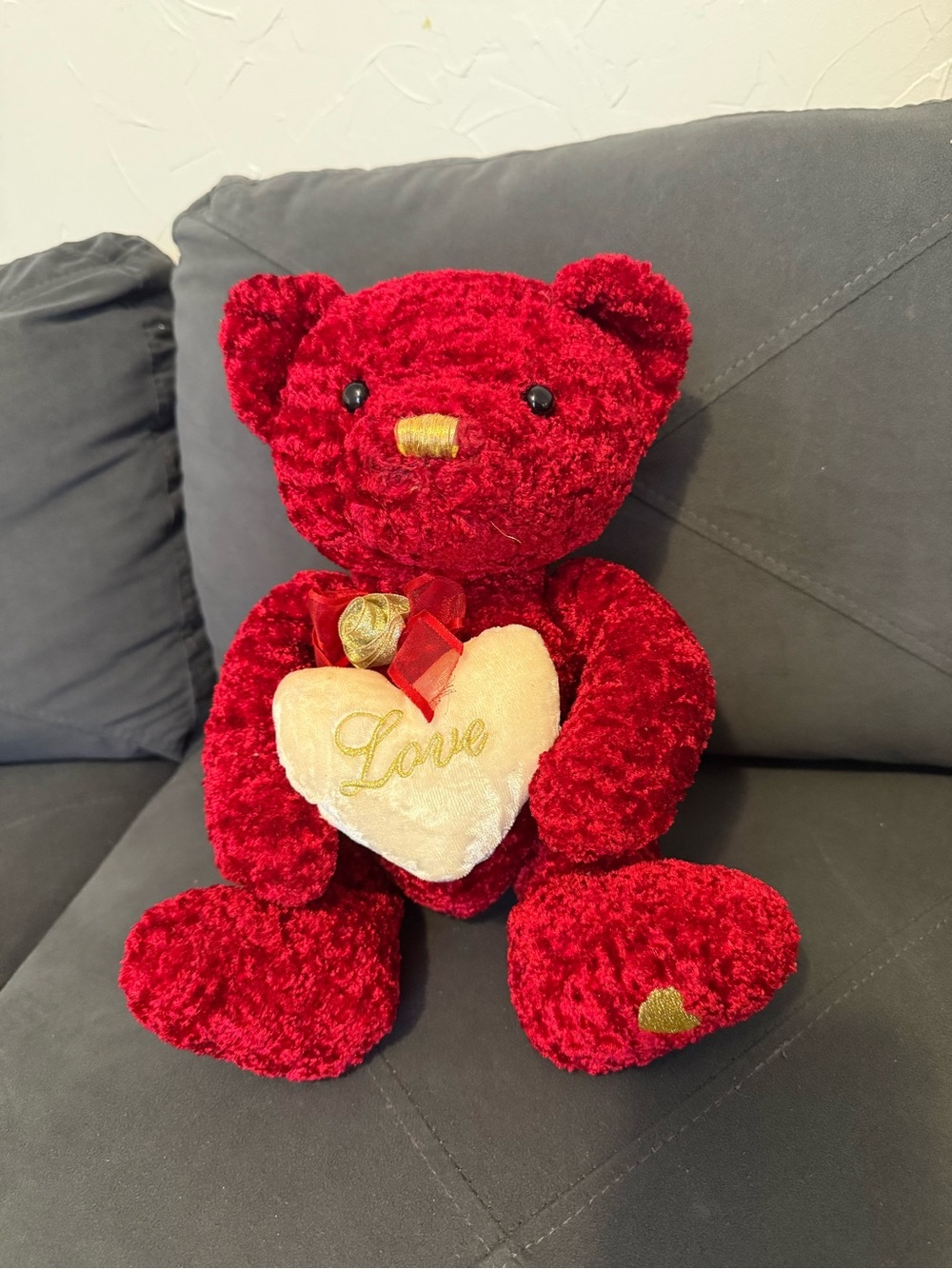 Red Plush Teddy Bear Holding Cream 'Love' Heart - Unbranded